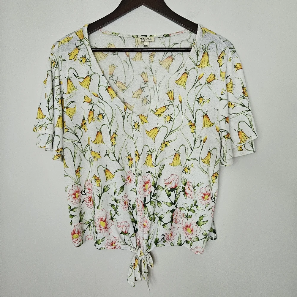 Lily White Blouse Floral Print Top Yellow Pink Green V-Neck Tie Front Casual - Picture 8 of 8